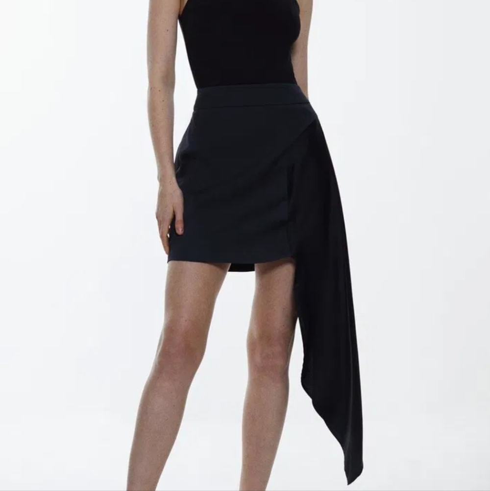 New Karen Millen Black Asymmetrical Satin Side Drape Mini Skirt Size 2